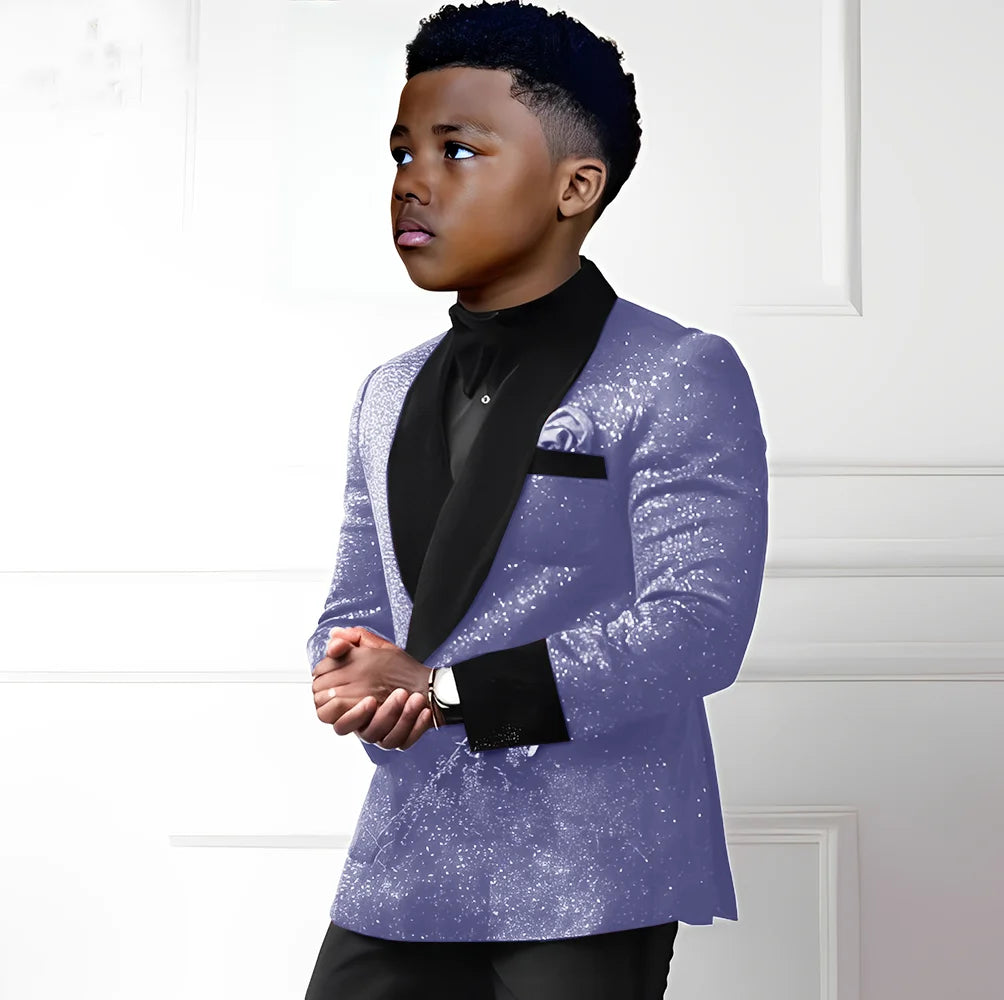 Sequin boys suit 2-piece set with double-breasted blazer and pants, stylish wedding tuxedo for kids aged 2-16 years.