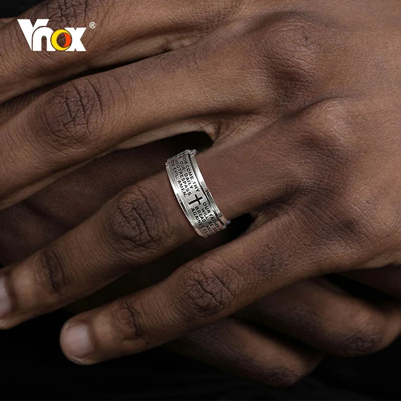 Stainless steel Vnox 8mm spinner cross ring for men with Bible prayer design, featuring a sleek, modern style.