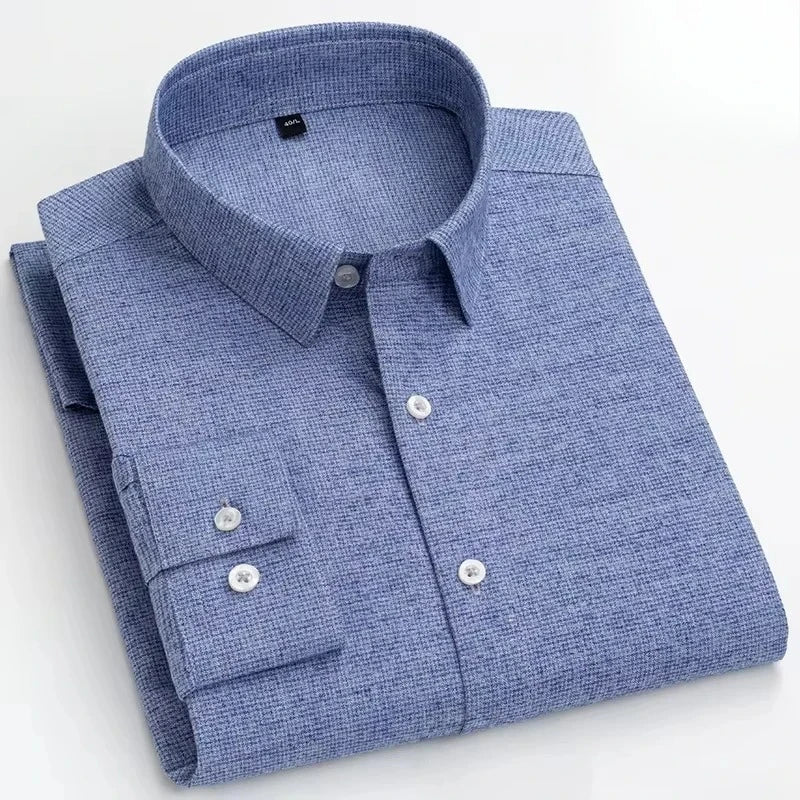 Showlu Fashion men's slim fit brushed cotton long-sleeve plaid and striped casual formal shirts, soft and comfortable for everyday wear.