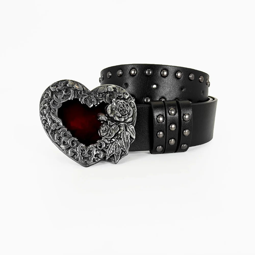 Unisex Gothic red heart sword design belt with rivets, black faux leather, Y2K fashion style for women and men.