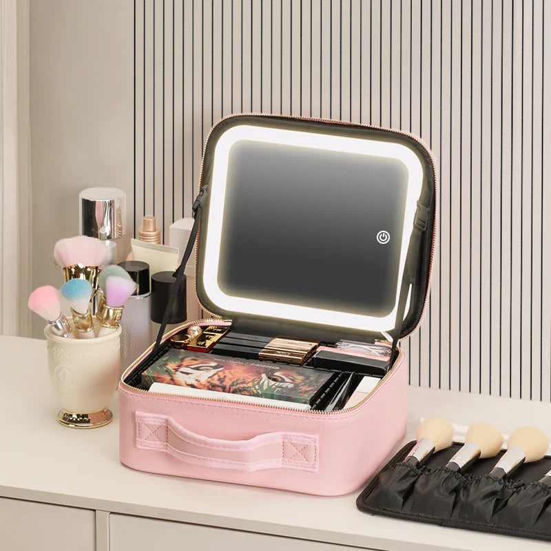 Showlu makeup travel train case with LED mirror and PU leather exterior, compact cosmetic bag for organization and beauty on the go.