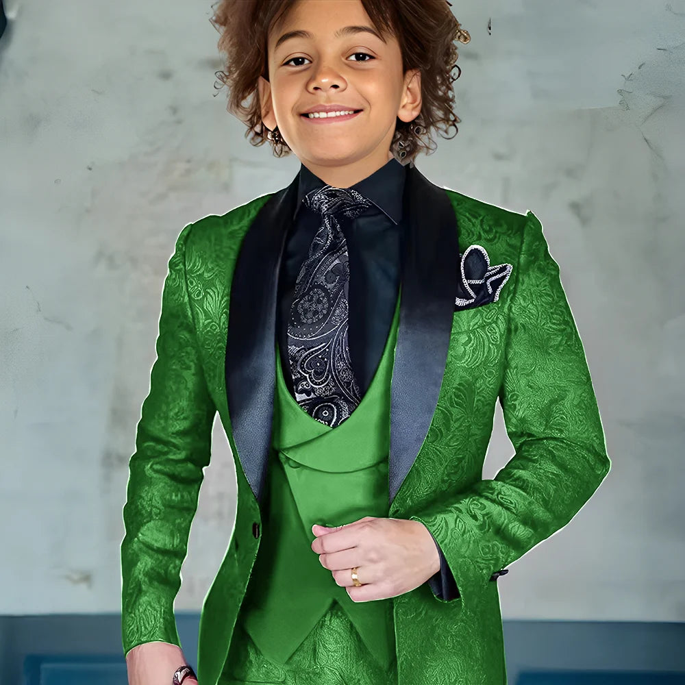 Burgundy three-piece boys' suit with jacket, pants, and vest, formal tuxedo style, slim fit by Showlu Fashion Store.