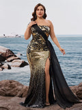 Elegant plus size off-shoulder sleeveless evening dress by Showlu Fashion, featuring a luxurious slit and mermaid ribbon design.