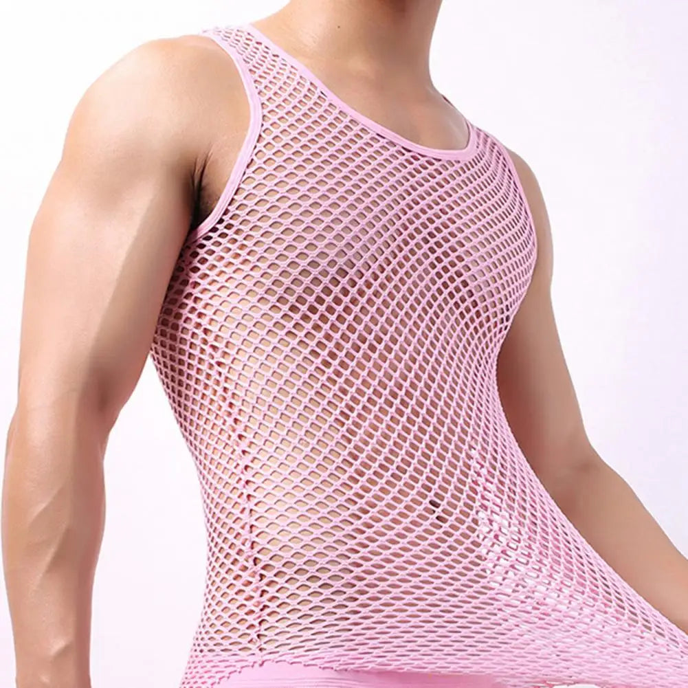 Showlu men's sheer mesh undershirt with long sleeves, transparent and form-fitting, designed for a sexy, stylish look.
