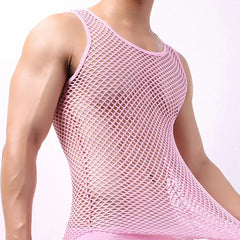 A man wears a pink sleeveless tank top made of a sheer, transparent nylon mesh fabric.