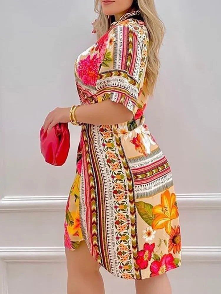 Floral print women's A-line mini dress by SHOWLU FASHION STORE, slim fit summer casual dress with vibrant floral design.