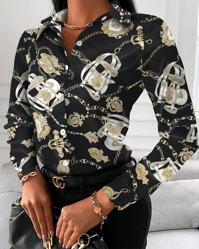 Women’s long sleeve blouse from Showlu Fashion with floral, chain, letter, and geometric square print, turn-down collar.