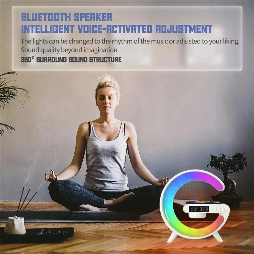 Showlu 15W wireless charging pad with built-in mini Bluetooth speaker and lamp, designed for fast charging and ambient lighting.