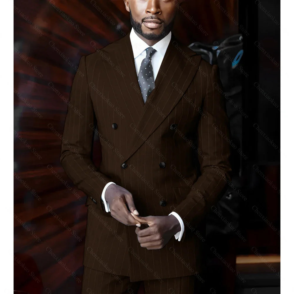 Blue pinstripe men's suit by SHOWLU FASHION, double-breasted slim fit 2-piece suit with tailored lapels and modern style.