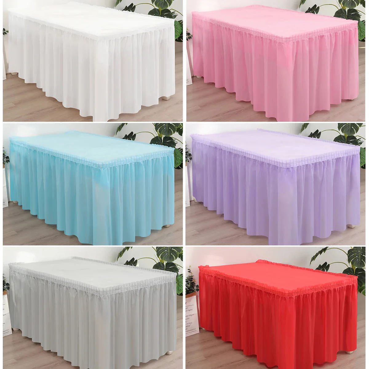 SHOWLU FASHION 2-piece disposable tablecloth and table skirt set, white fabric with elegant ruffled design, perfect for event decor