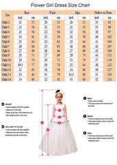 A flower girl dress size chart with a diagram showing how to measure for a proper fit.