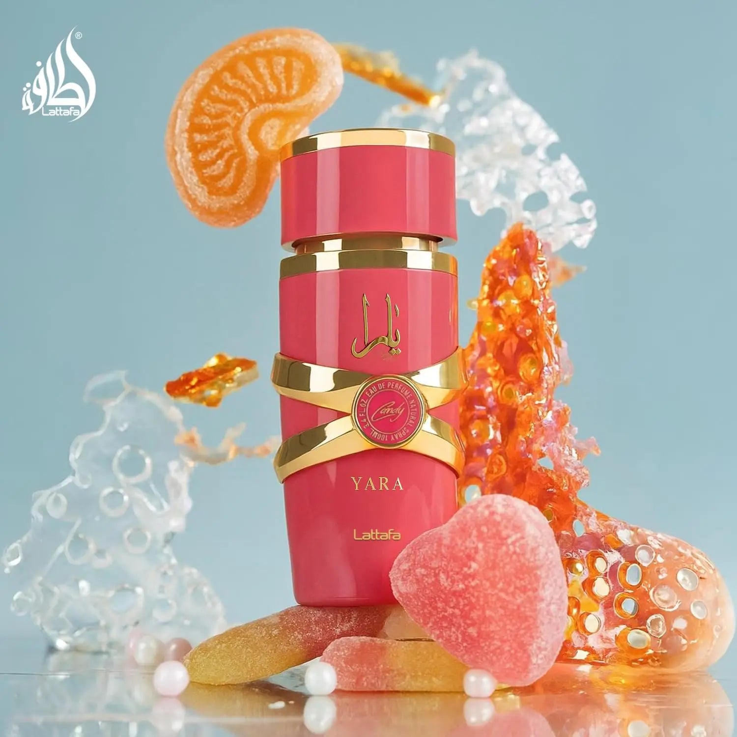 Lattafa Yara Dark Pheromone Perfume for Women, 100ml Arabian fragrance with elegant bottle and dark liquid inside.