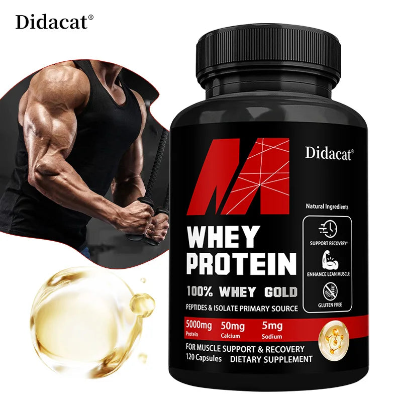 Showlu Fashion Store whey protein capsules with 5000mg protein, gluten-free, non-GMO supplement for muscle recovery and health.