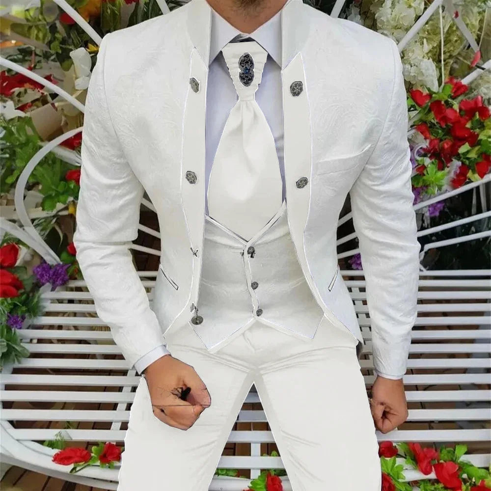 Royal blue Showlu men's 3-piece wool tuxedo suit with jacket, vest, and trousers, perfect for wedding groom attire.
