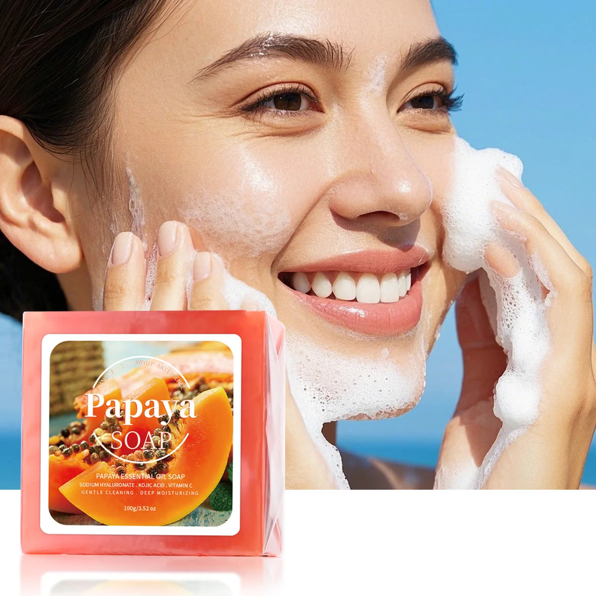 Handmade papaya extract soap with coconut goat milk, deep cleansing and whitening, shown in a 100g bar with natural ingredients.