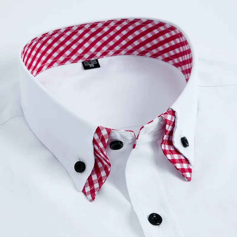 Men's long sleeve dress shirt by Showlu Fashion Store, non-iron, double layer, white and blue, formal business office shirt
