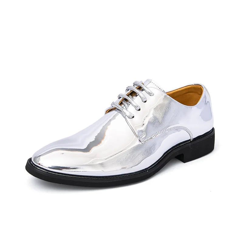 Men's golden leather party shoes with pointed toe and shiny finish, formal dress shoes by Showlu Fashion Store