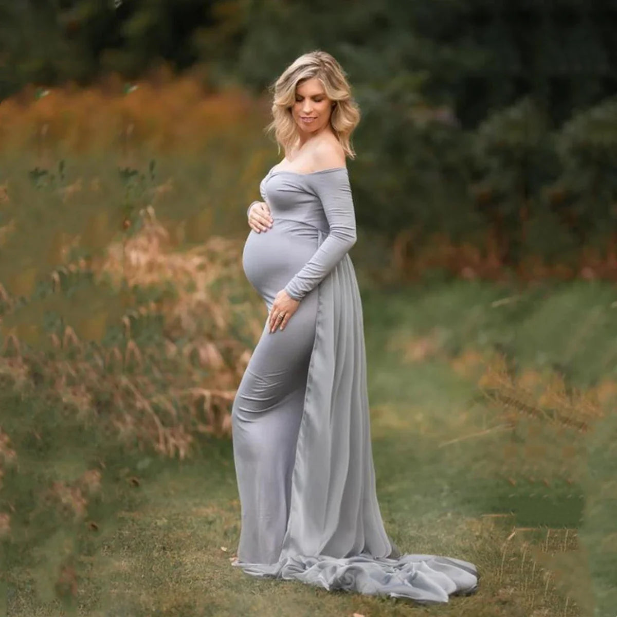 SHOWLU chiffon maternity baby shower dress with V-neck and long sleeves, elegant gown for expecting mothers.