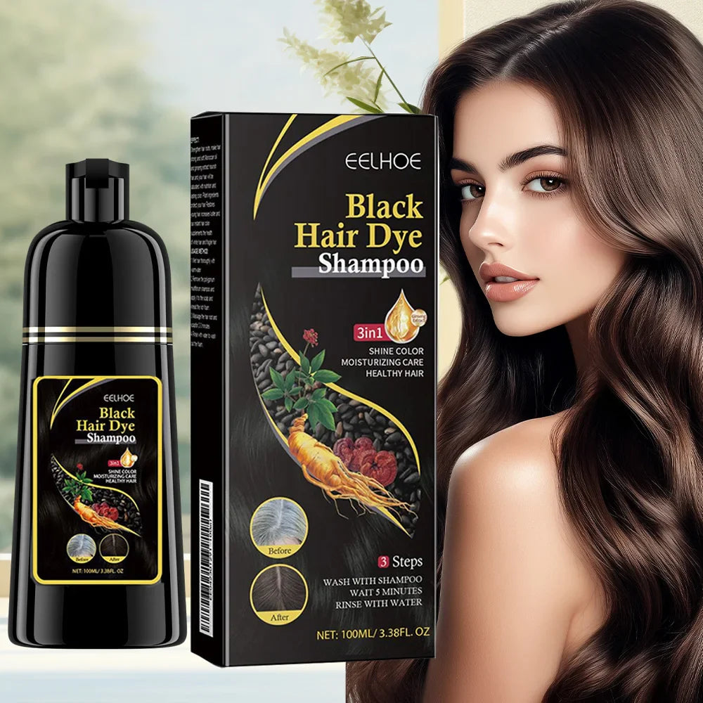 Eelhoe 3-in-1 black hair dye shampoo by SHOWLU FASHION STORE, herbal repair for gray hair, shown in two bottles.