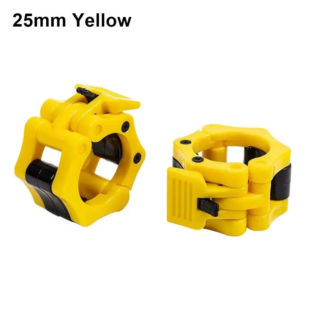 Pair of Showlu Fashion weightlifting barbell clips, colorful 25mm quick-release safety locks for strength training and dumbbell support.