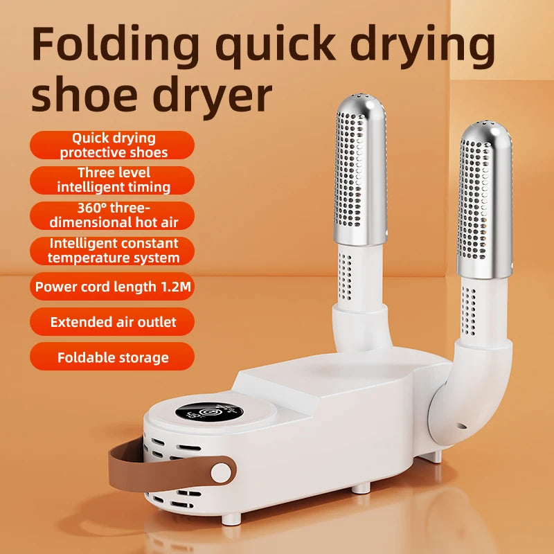 Showlu Smart Electric Shoe Dryer with 150W power, portable design, deodorizer function, and timer for quick shoe drying.