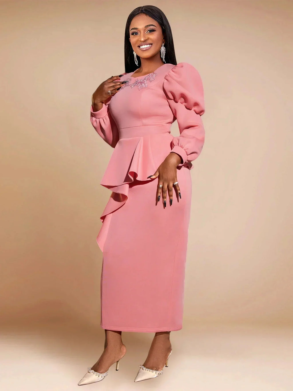 Pink AOMEI long peplum dress with high waist, ruffle V-neck, perfect for parties, by SHOWLU FASHION STORE.