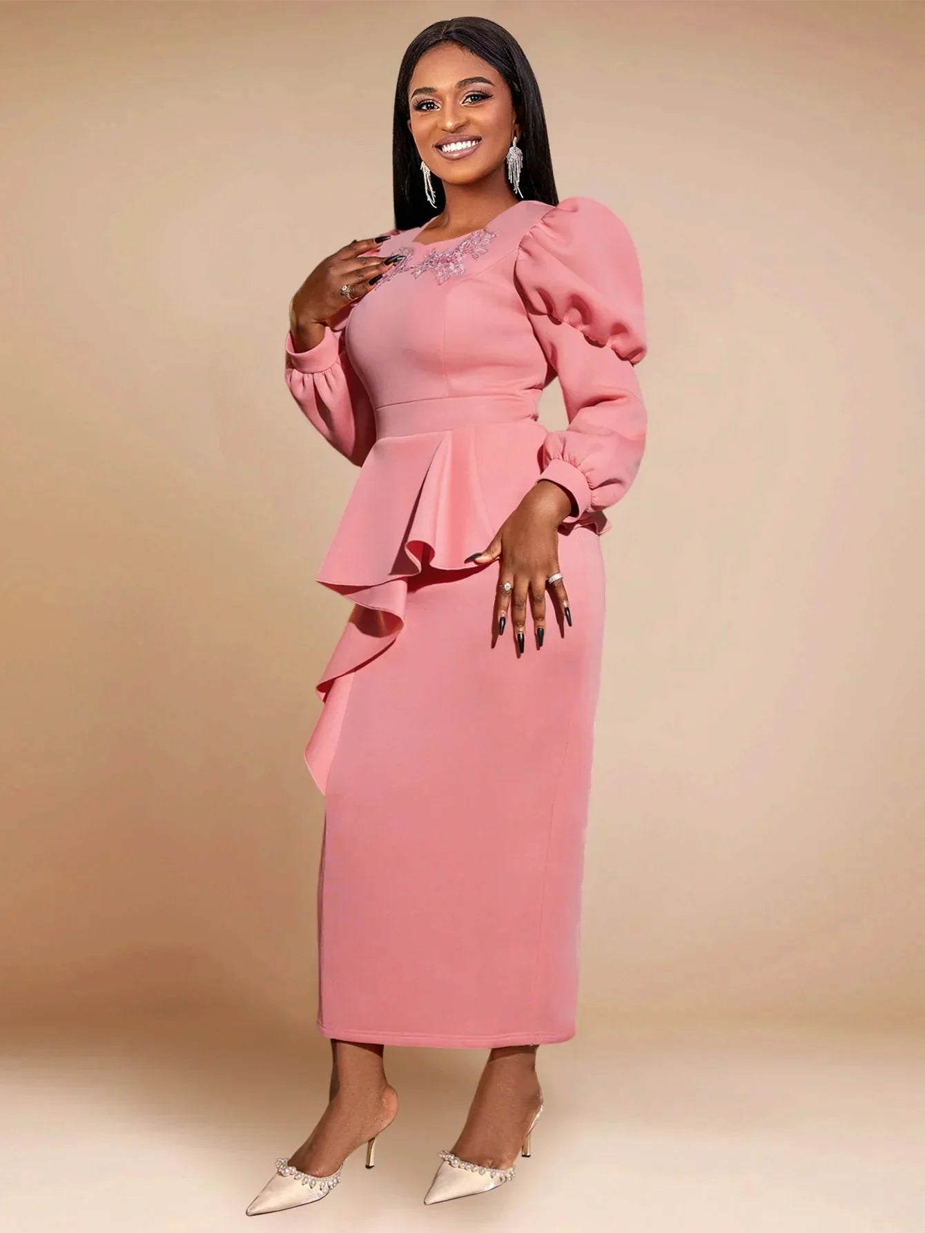 Pink AOMEI long peplum dress with high waist, ruffle V-neck, perfect for parties, by SHOWLU FASHION STORE.