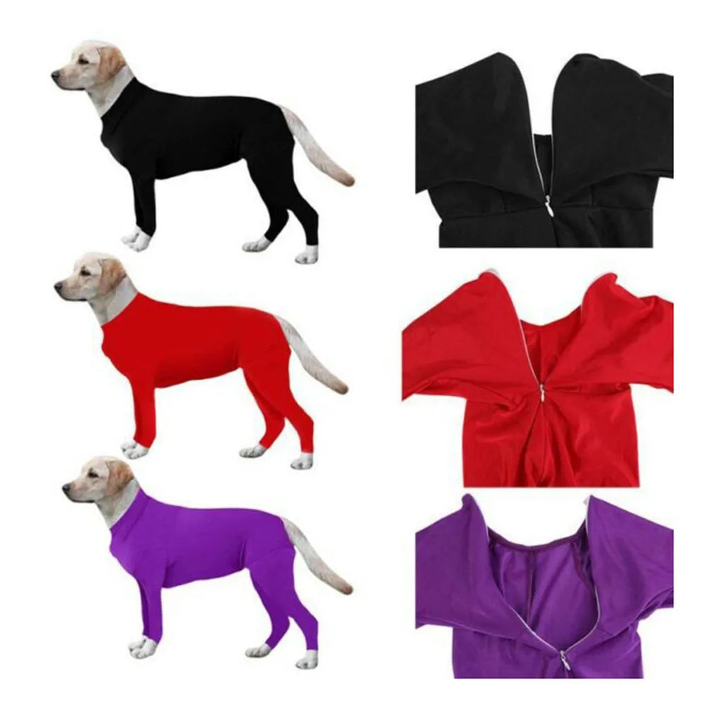 Showlu Dog Pajamas calming anxiety onesie and surgery recovery suit on a small dog, soft fabric and snug fit for comfort.