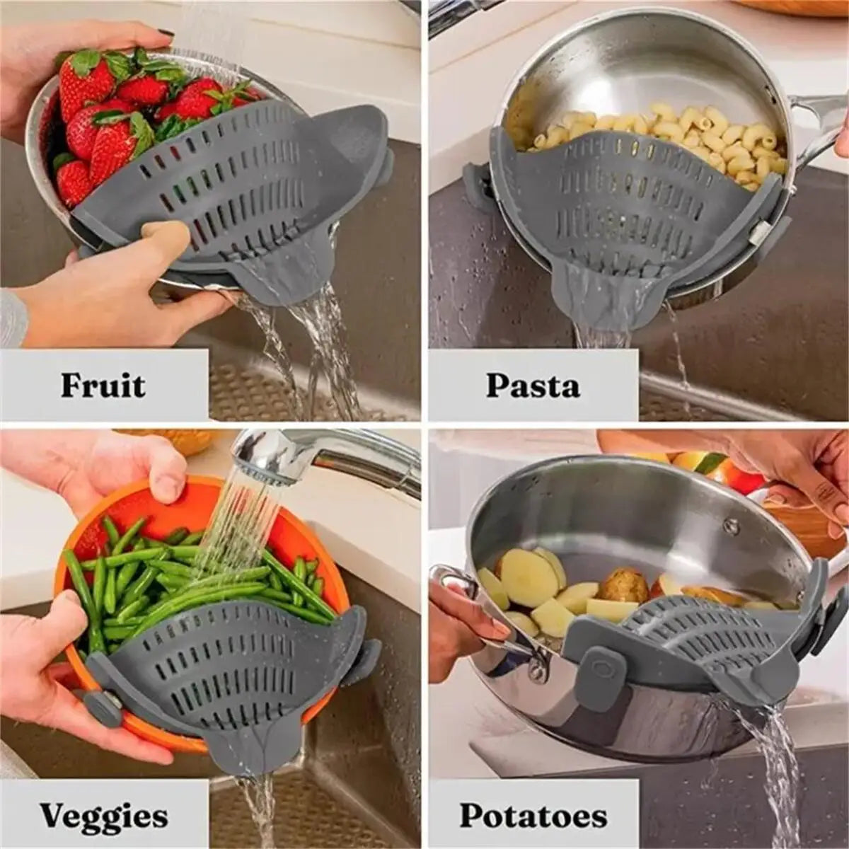 Showlu Smart General clip-on pot strainer attached to a pot for easy draining and straining of liquids in the kitchen.