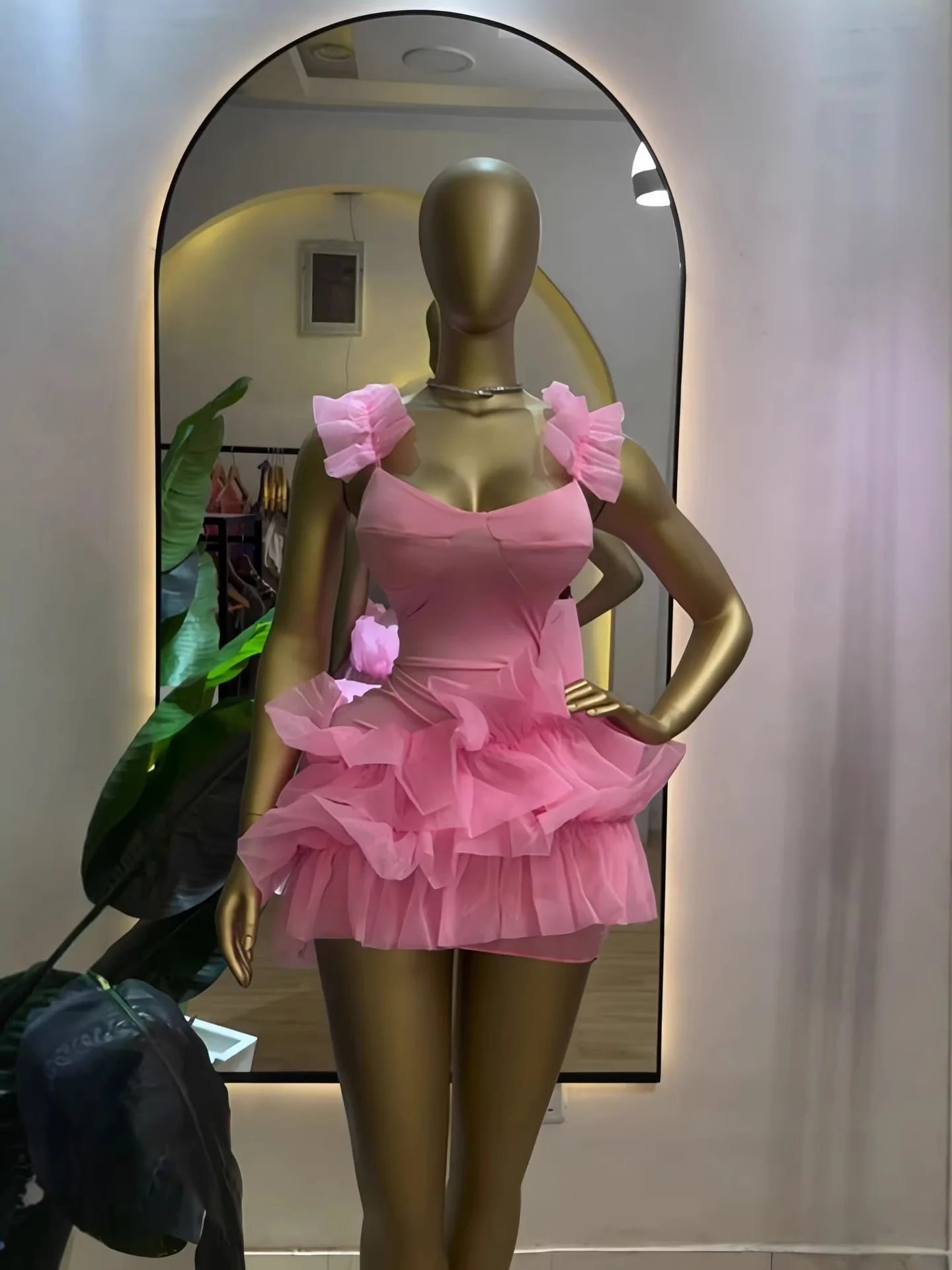 Showlu Smart General luxury ruffled u-neck mini dress featuring elegant, sexy design with intricate ruffle details and a stylish fit.
