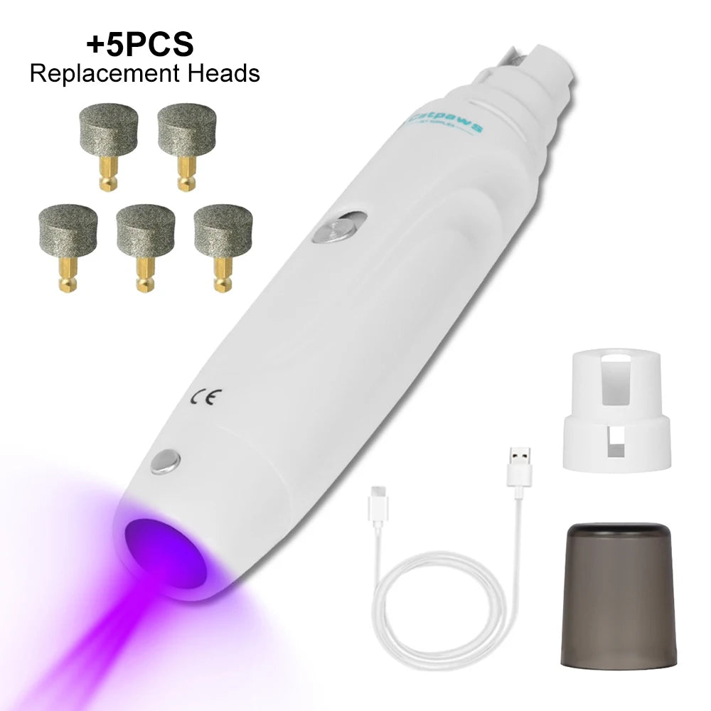 Electric pet nail grinder by Showlu Fashion Store with USB recharge, LED light, compact design, and nail grooming trimmer for dogs.