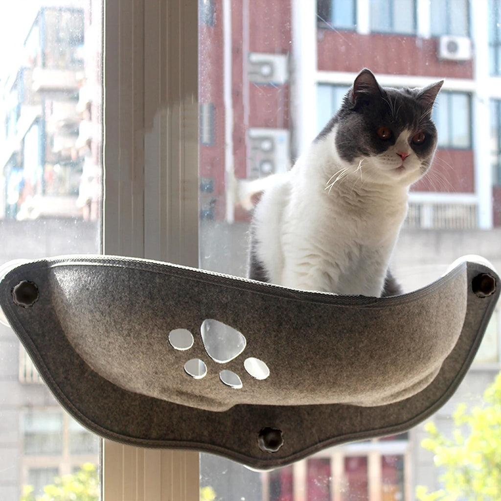 SHUANGMAO Cat Window Hammock with coral fleece, cozy pet bed lounger for cats up to 20kg, shown attached to a window.
