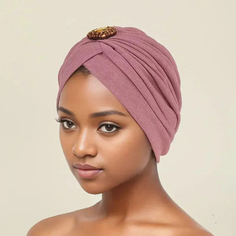 Showlu Fashion women's diamond pleated turban hijab chemo cap wrap on a model, showcasing elegant head covering and stylish design