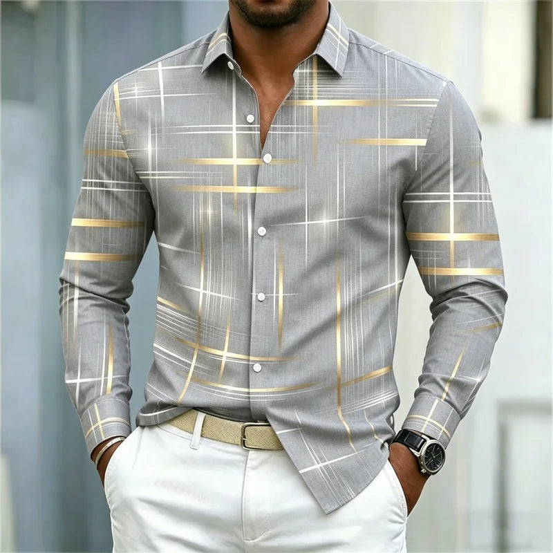 2026 men's shirt with fashionable printed lines, checkered long sleeved shirt, lapel, slim fit, business casual men's shirt