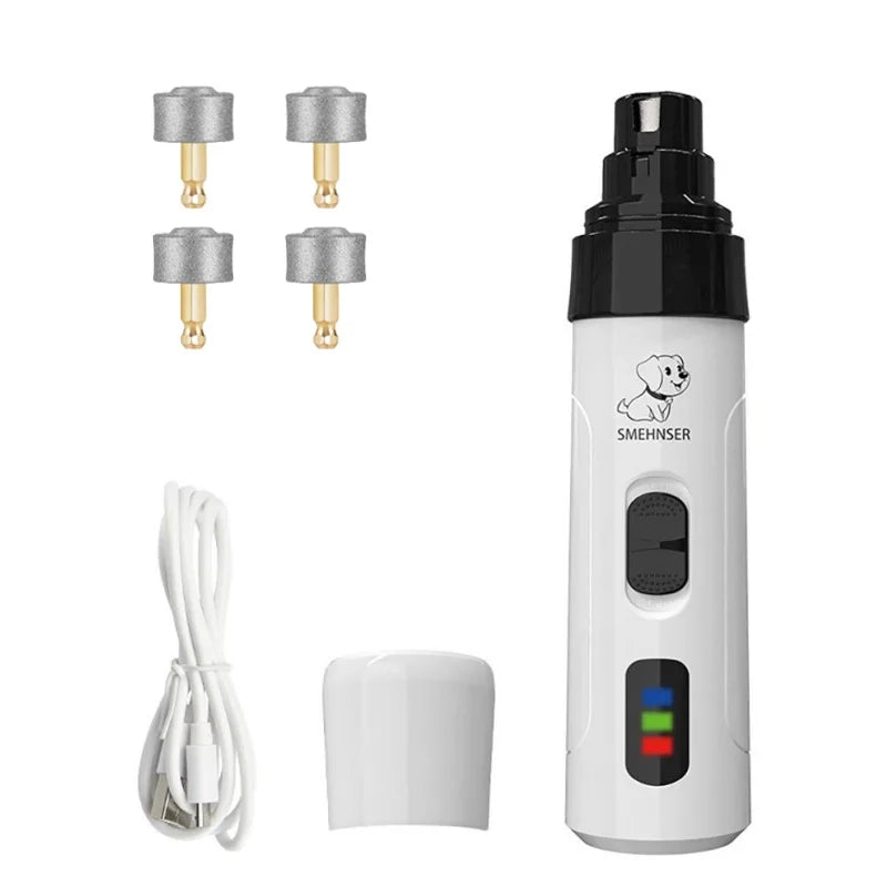 Rechargeable electric dog and cat nail grinder with USB charging, showing the pet grooming tool and grinding attachment.