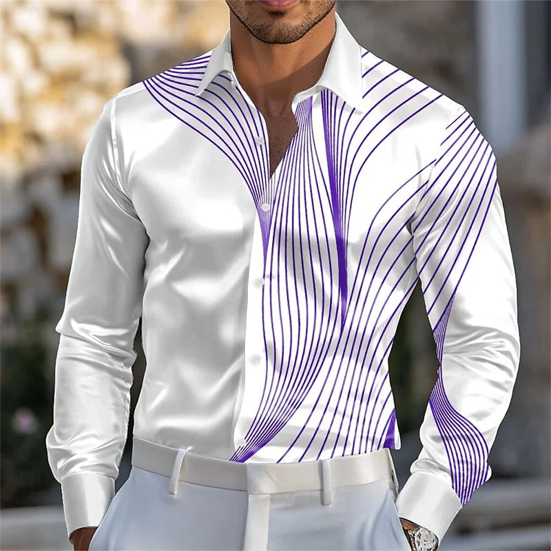 Men's abstract liquid art satin shirt in pink, blue, gold, and green with long sleeves and lapel, ideal for casual summer and spring wear.