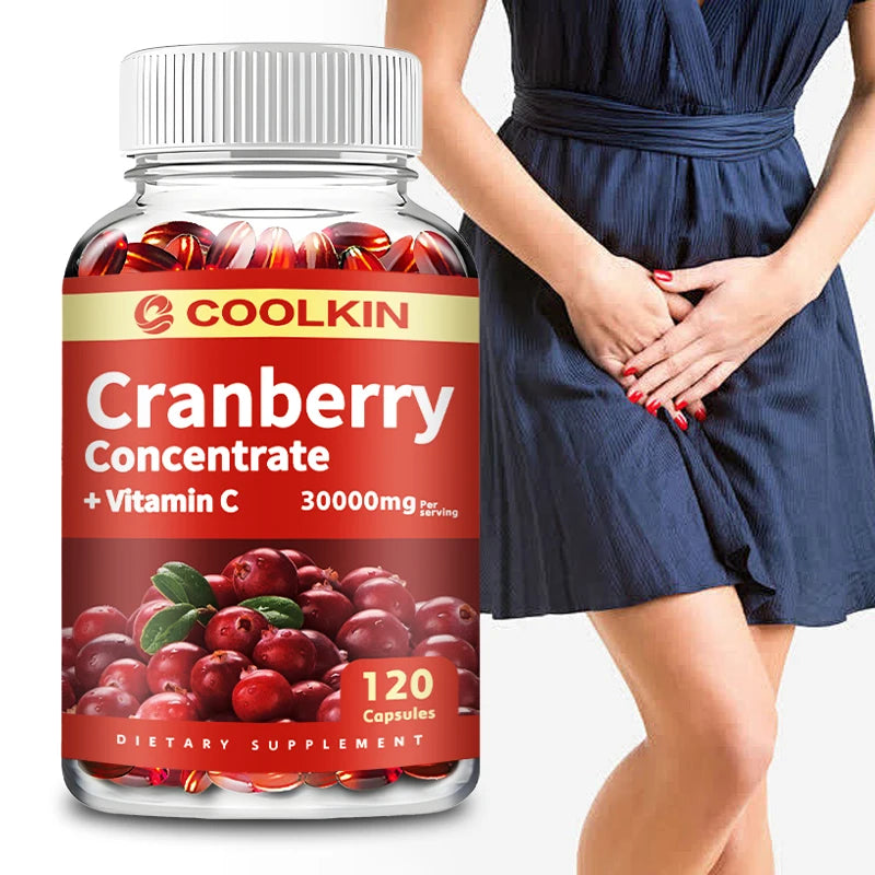 Showlu Cranberry supplement bottle for urinary tract health, bladder support, gut health, and immunity with Vitamin C.