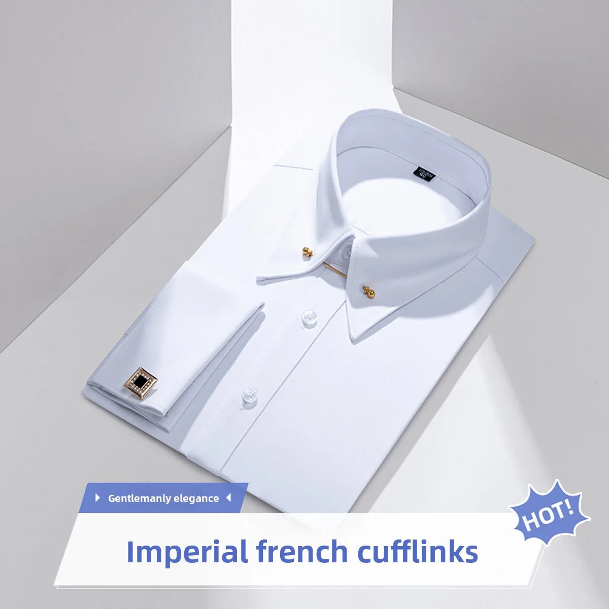 White slim fit men's shirt with empire collar and cufflinks, ideal for casual or business wear, from Showlu Fashion Store.