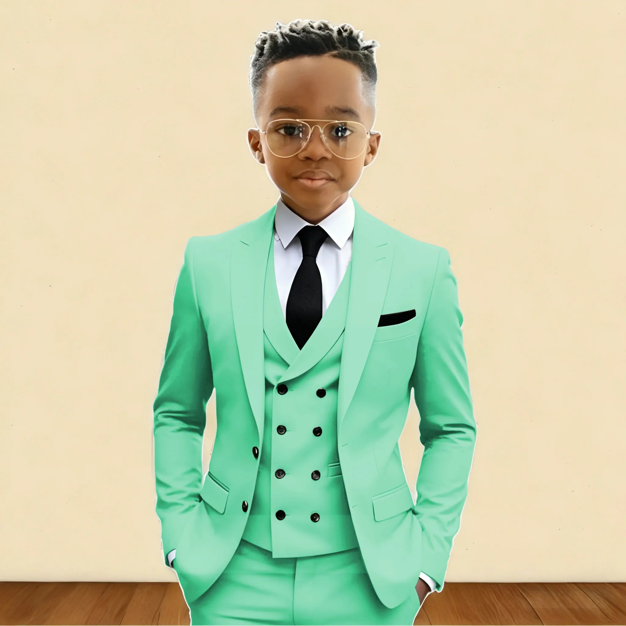 Mint Green 3 Pieces Flower Boy's Slim Fit Formal Suit Set for Wedding Prom Dinner Party Kids Uniform Tuxedos Blazer Vest Pants