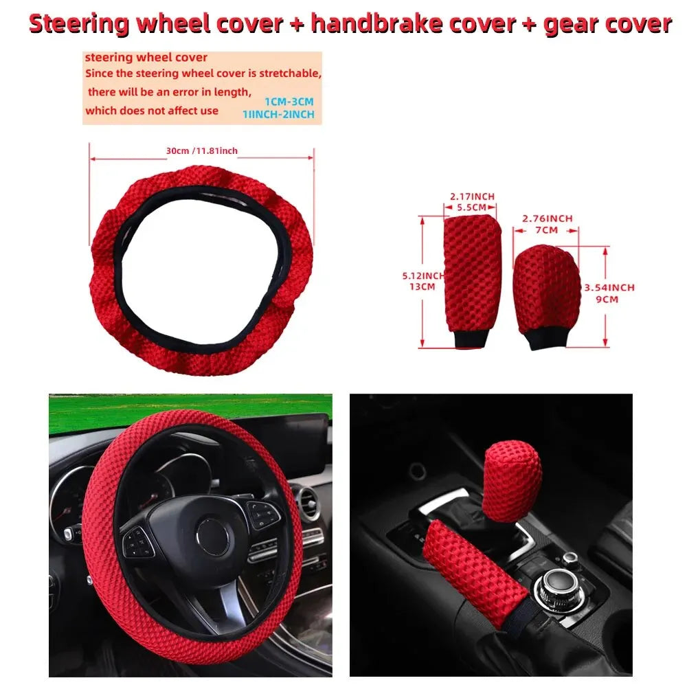 Showlu Fashion 3-piece breathable mesh car steering wheel cover set with handle and handbrake covers, fits 14.5-15 inch steering wheels.