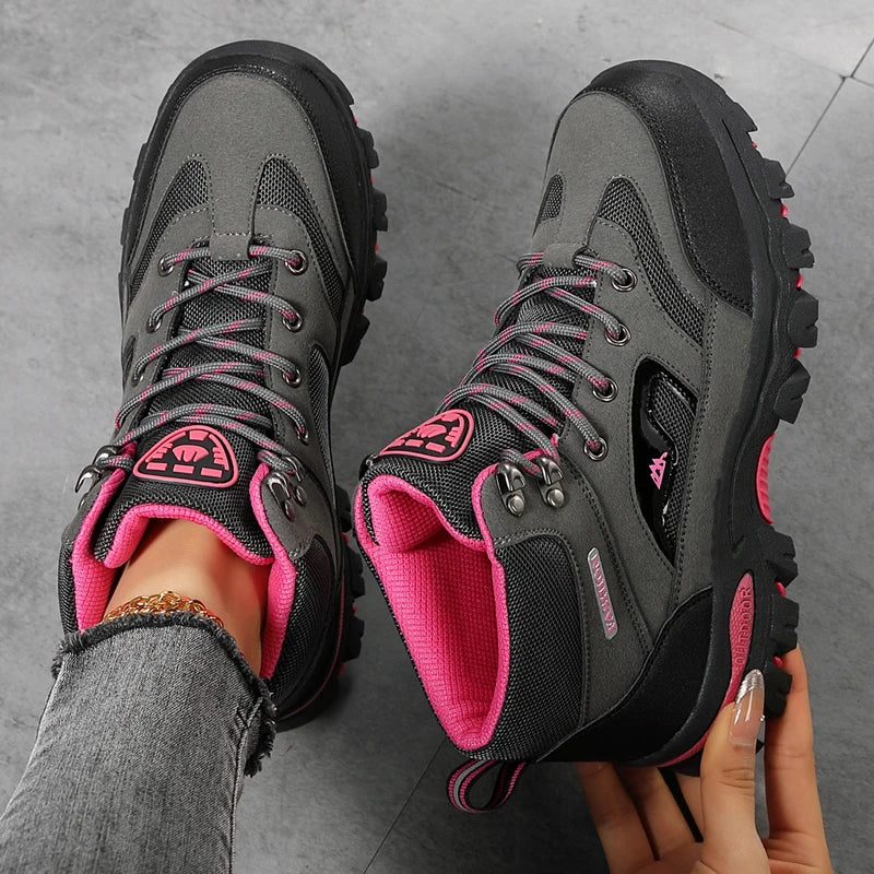 Women's waterproof hiking boots with non-slip soles, safety work shoes, ankle design, suitable for outdoor walking and hiking.