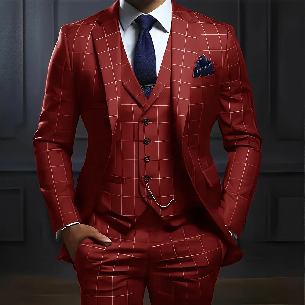 Showlu men's 3-piece plaid suit with slim fit, formal wedding tuxedo, featuring a plaid jacket, vest, and matching trousers.