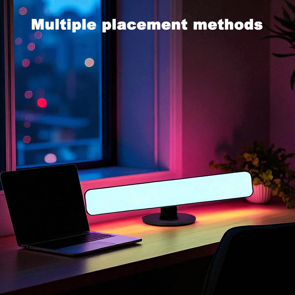 Showlu Smart RGB Atmosphere Night Light with remote control displaying colorful lighting in a modern room setting.