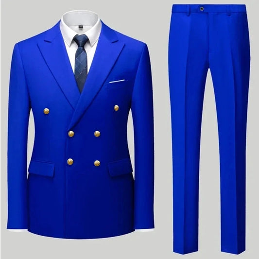 2 Pcs Fashion New Men's Casual Boutique Double Breasted Suit Trousers / Man's Business Suit Jacket Blazers Coat Pants Set
