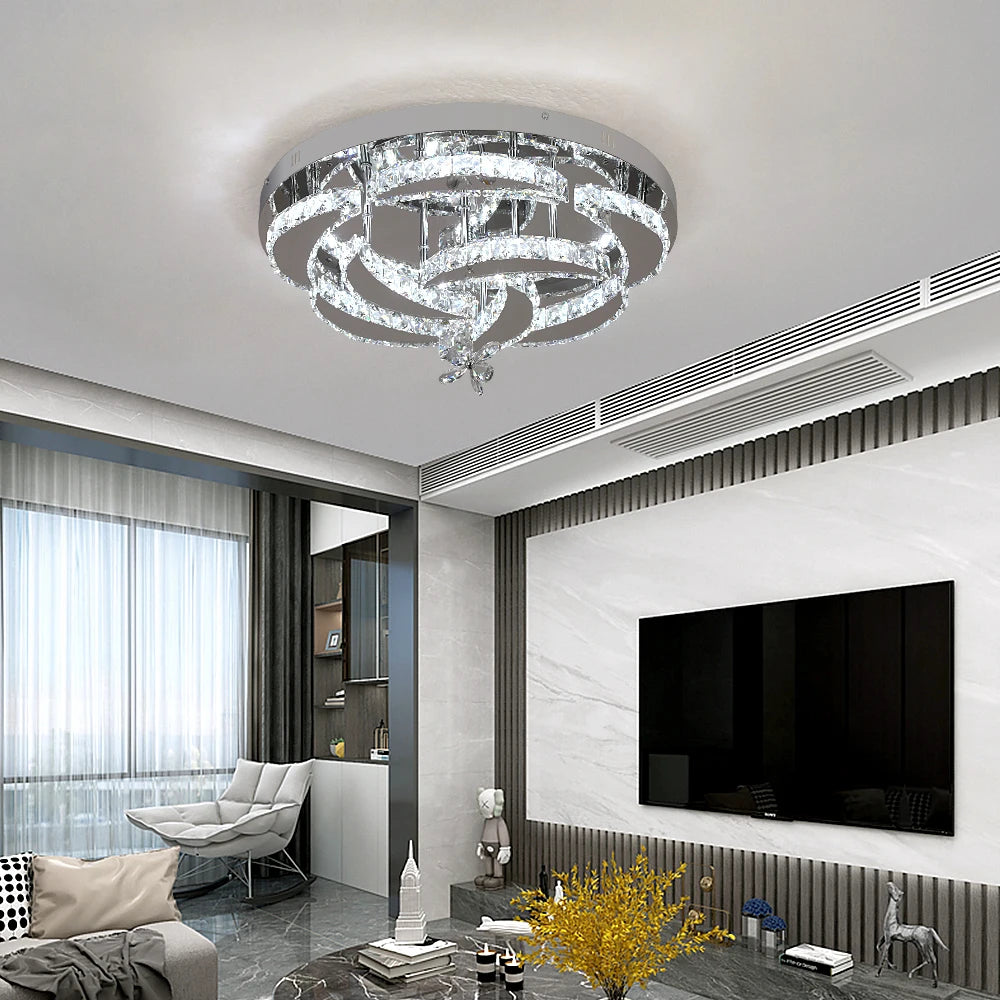 VETRULUS Modern K9 Crystal Chandelier with dimmable LED flush mount light, showcasing sparkling crystal design and sleek contemporary style.
