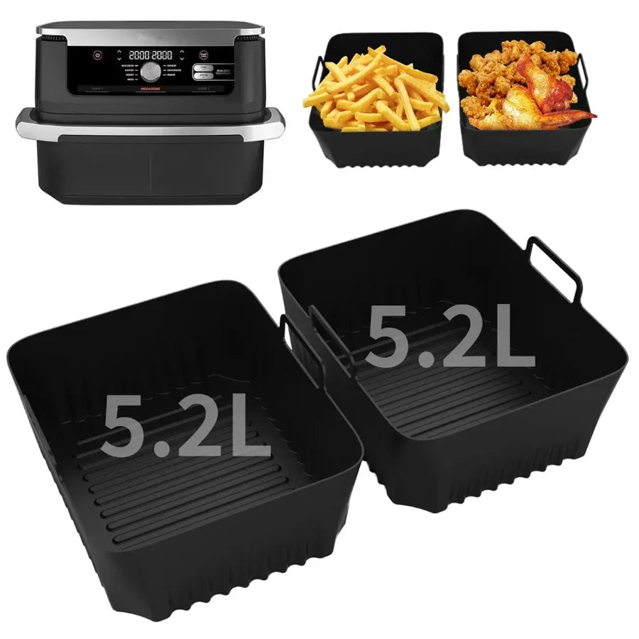 Silicone air fryer basket by Showlu Smart General with non-stick surface and ergonomic handles for easy cooking and cleaning.