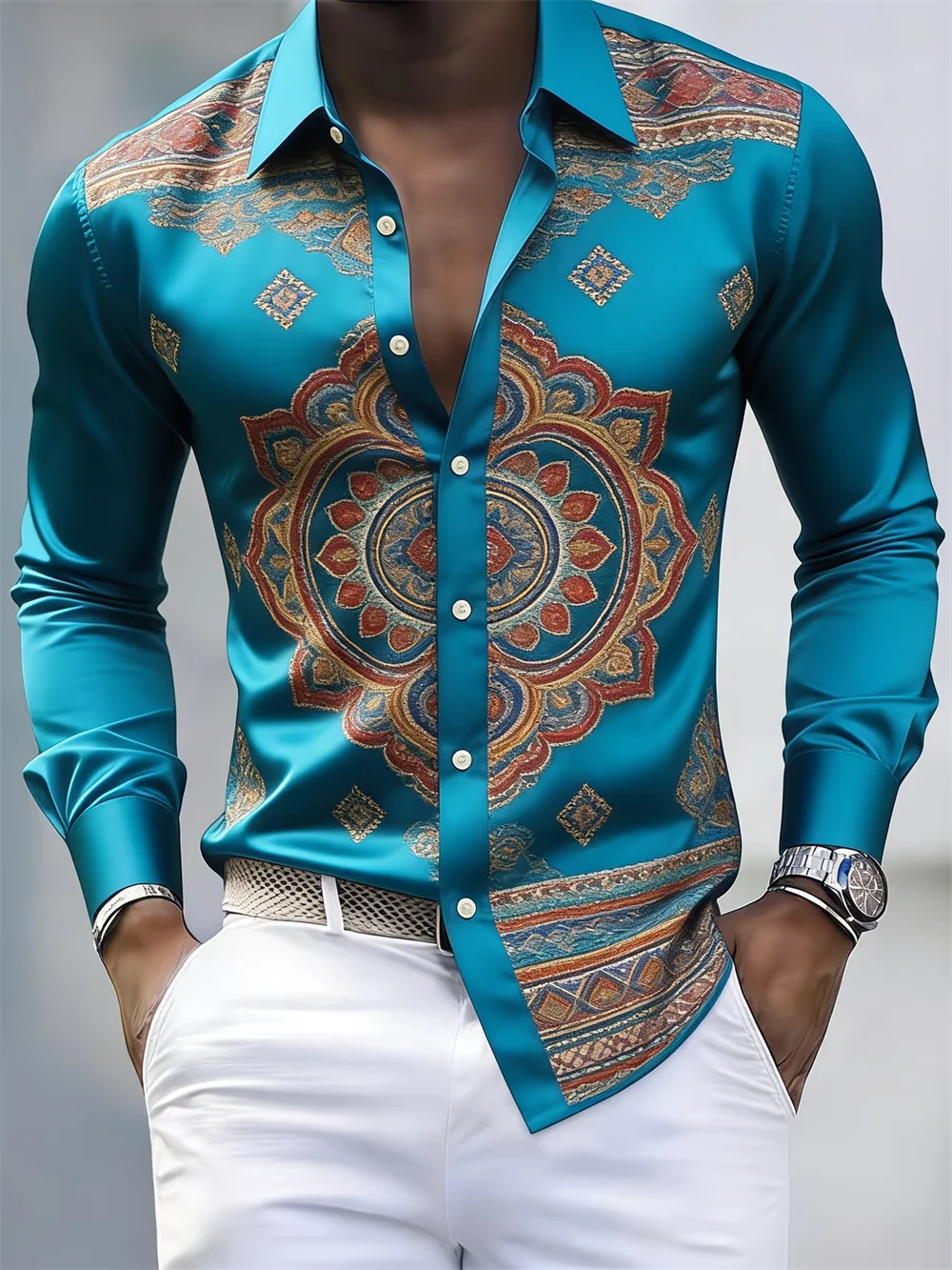 Men's long sleeve shirt with 3D clover print and high-quality pattern, casual collar top by Showlu Fashion Store