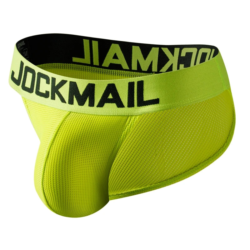 Men's Jockmail briefs with a penis pouch, Showlu Fashion brand, black bikini-style underwear with supportive fit and comfortable design.