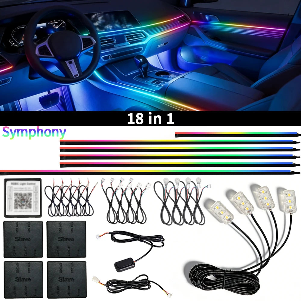 RGB car ambient light strip by Showlu Smart General, 18-inch flexible LED strip with app-controlled colorful lighting for vehicles.