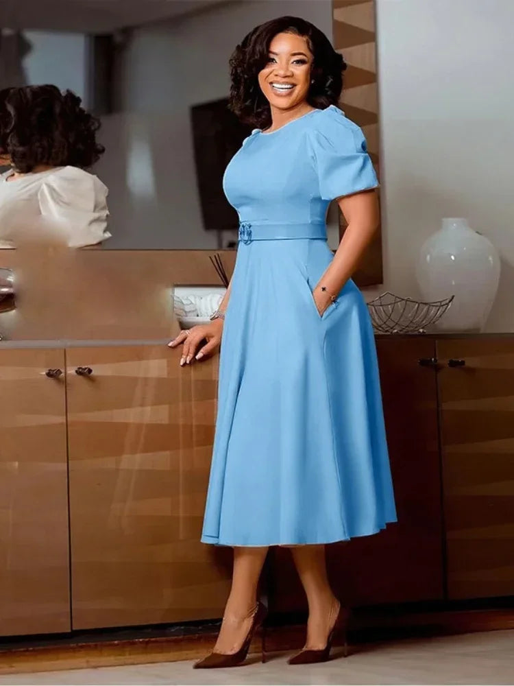 SHOWLU FASHION STORE women's puff sleeve A-line office dress with belt, featuring a stylish and professional design.